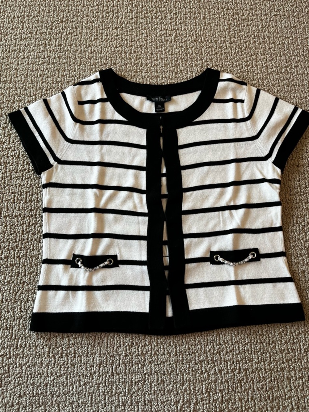 White House Black Market Black and White Striped Short Sleeve Cardigan